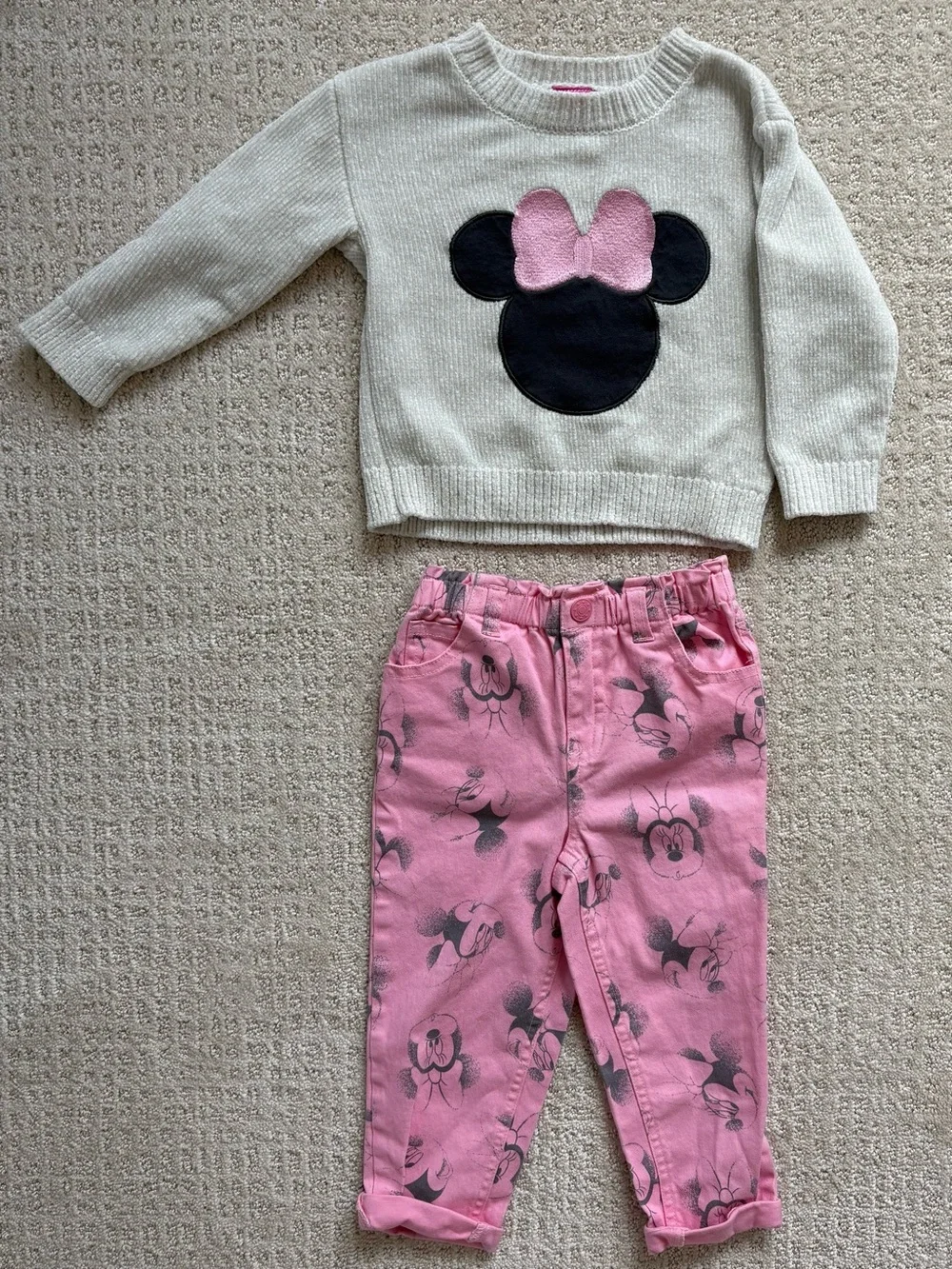 Disney Junior Girls Cream Knit Sweater with Black Minnie Silhouette and Pink Bow